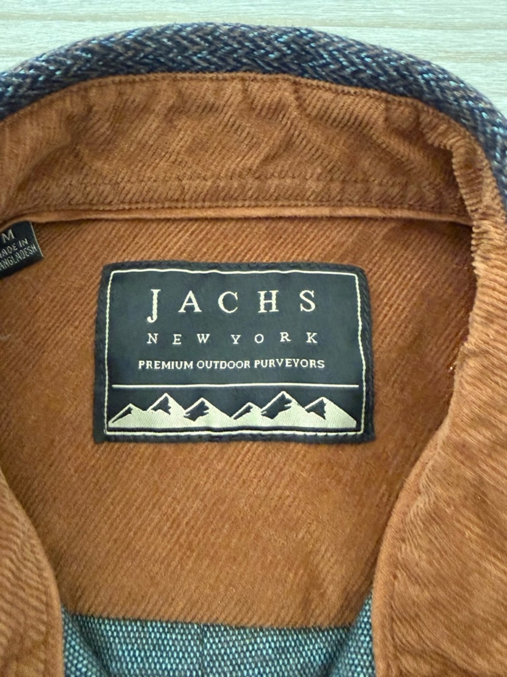 Jachs NY Men's Charcoal Herringbone Button-Down Shirt with Brown Corduroy Trim - Picture 3 of 8